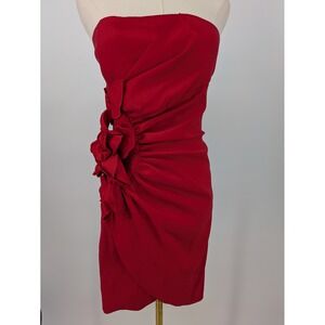 Cache Strapless Mini Dress Red Vintage 10 Est. 4 Floral Ruched Satin Y2K Wiggle